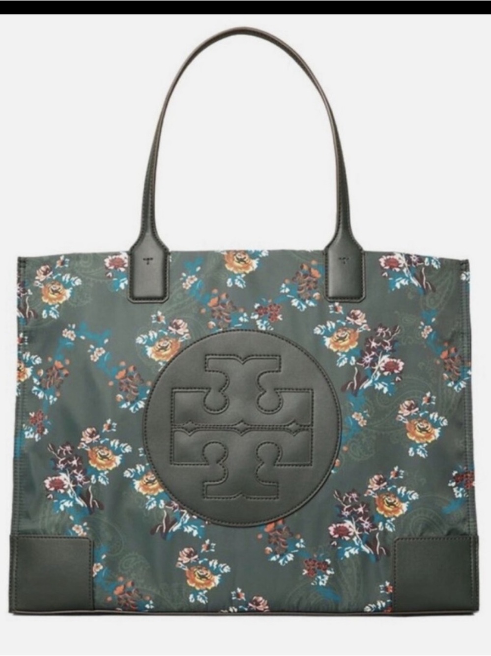 Tory Burch Ella Green Floral Logo Tote